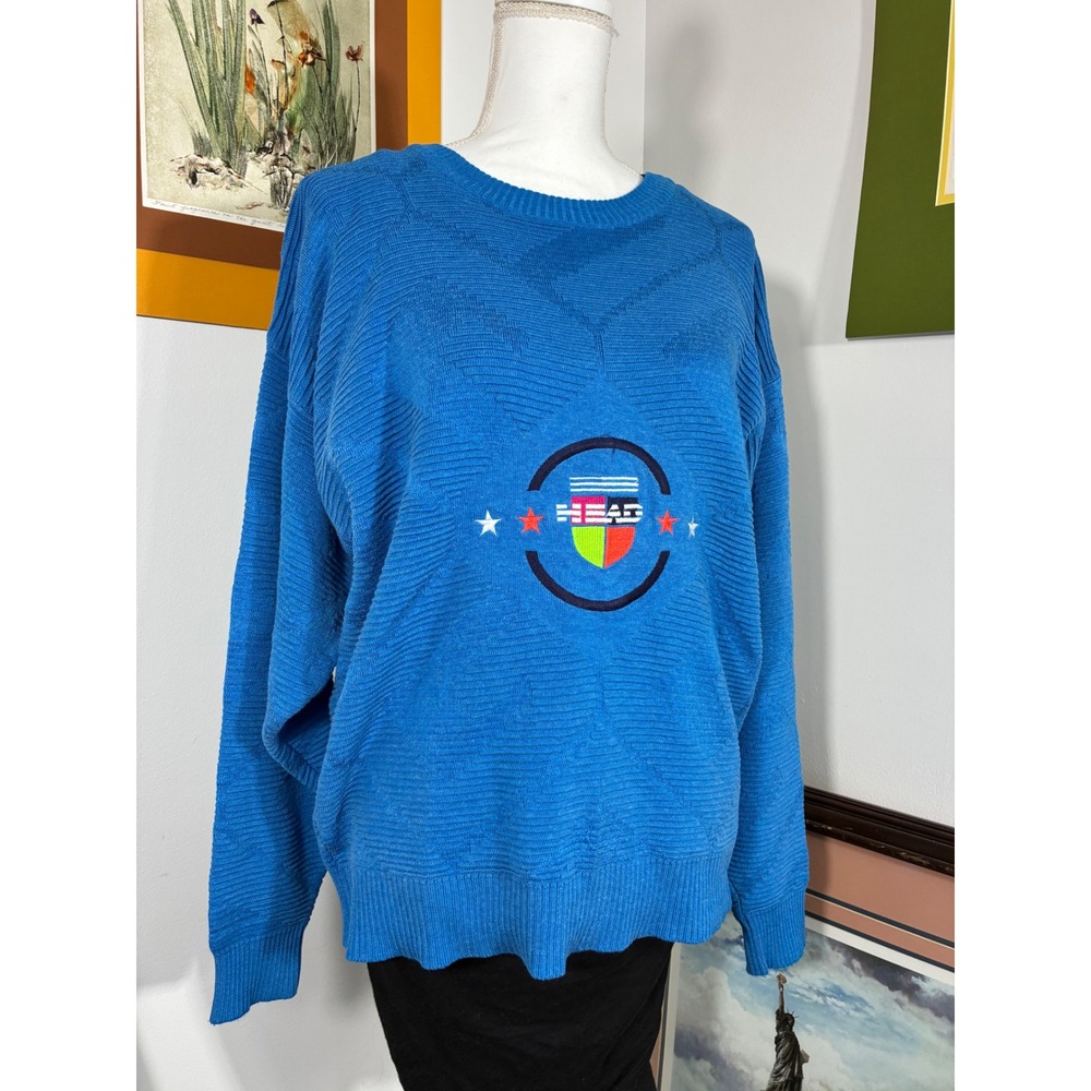 Vintage HEAD Sweater Blue Embroidered Logo Textured Knit Sportswear 80s 90s L XL